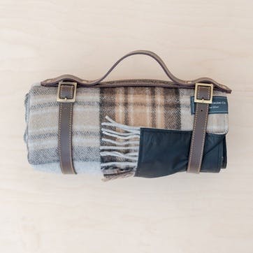 Recycled Wool Picnic Blanket with Brown Leather Carrier 140 x 190cm, Mackellar Tartan