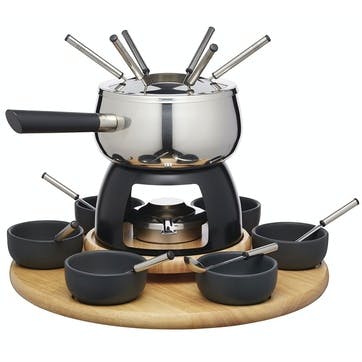 6 Person Party Fondue Set, Stainless Steel/Black Glaze