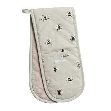 Bees Linen Double Oven Glove , Natural, Yellow