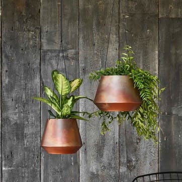 Soho Indoor Hanging Planter with Leather Strap H15 x D19cm, Aged Copper