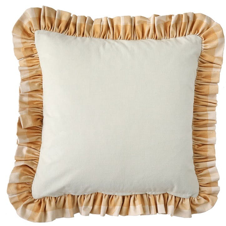 Ruffled Candy Cotton Cushion, 54 x 54cm, Caramel Check