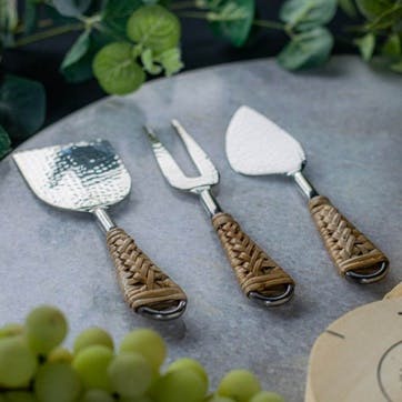 Rattan Cheese Utensil Set, Silver