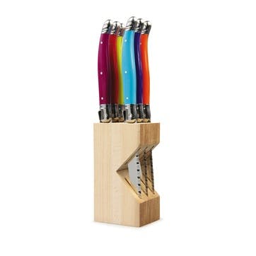 Steak Knives In Wooden Block, Multicoloured, 6 Piece