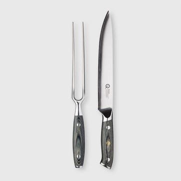 Q30 Series 2 Piece Damascus Steel Carving Knife & Carving Fork Set, Black