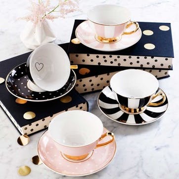 Stripy Tea Cup & Saucer, Black, Gift Boxed