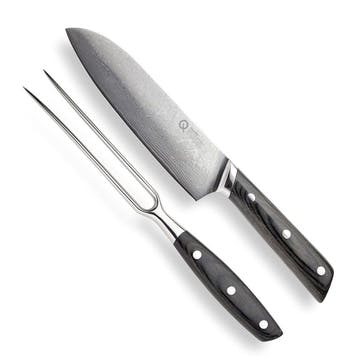 Q50 Series 2 Piece Damascus Steel Santoku Knife & Carving Fork Set, Black