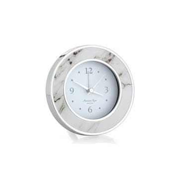 Alarm Clock; White Marble & Silver