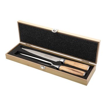 Katana Saya Olive Wood 2 Pce Carving Knife & Fork Set ,