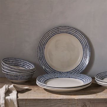 Indigo Drop 12 Piece Dinner Set, Cream & Blue