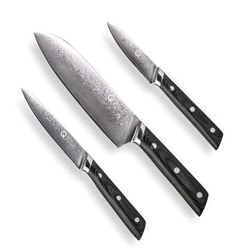 Q50 Series 3 Piece Damascus Steel Paring, All Purpose & 17.5cm Santoku Knife Set, Black