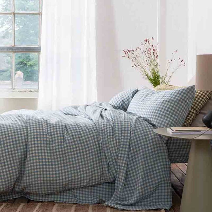 Gingham Pair of Standard Linen Pillowcases, Warm Blue