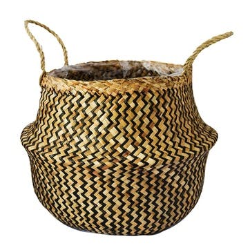 Seagrass Chevron, Lined Basket Medium, Black