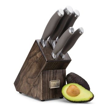 Syracuse Soft Grip 5 Piece Kitchen Knife & Ash Wood Knife Block Set, Ash/Grey