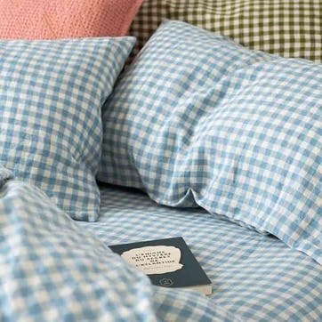 Gingham Pair of Standard Linen Pillowcases, Warm Blue