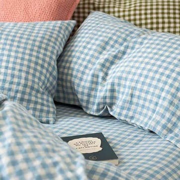 Gingham King Size Fitted Sheet, Warm Blue