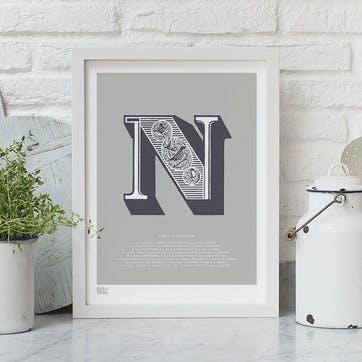 Illustrated Letter N Screen Print, 30cm x 40cm, Putty