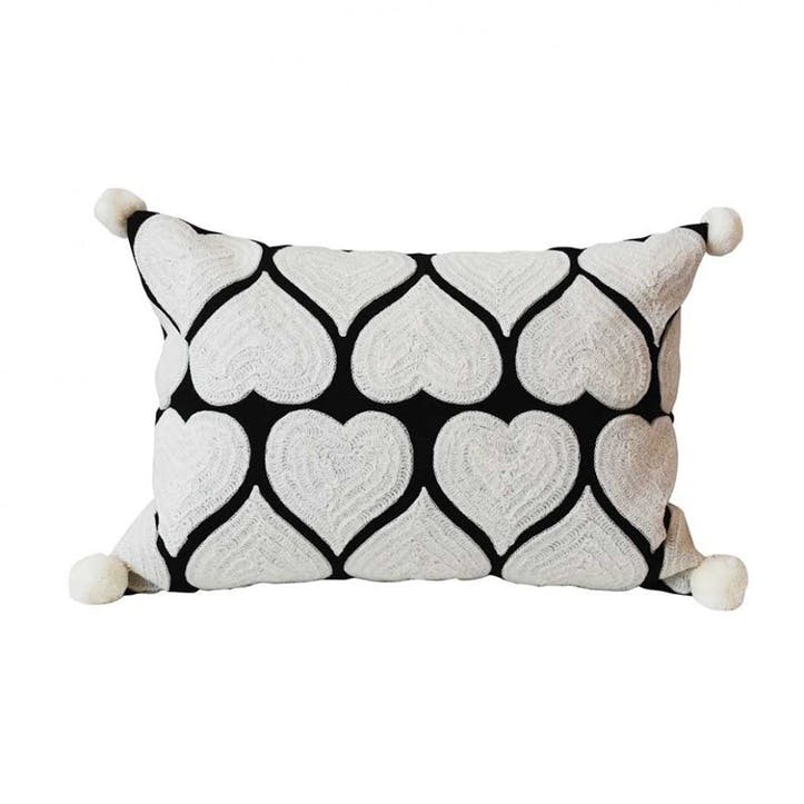 Embroidered Hearts Rectangular Cushion - 50cm; White on Black