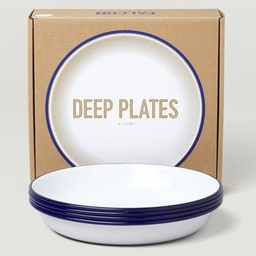 Deep Plates Set of Four, White with Blue Rim