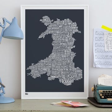 Type Map Screen Print Wales, 50cm x 70cm, Sheer Slate