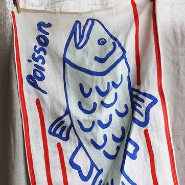 Poisson Embroidered Tea Towel 50 x 70cm Blue/White