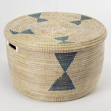 Round Storage Basket, Large, Natural/ Blue Diamonds
