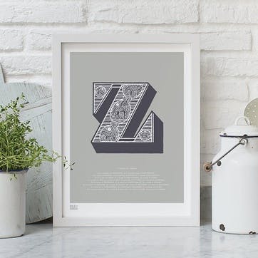 Illustrated Letter Z Screen Print, 30cm x 40cm, Putty