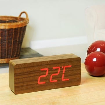 Slab Click Clock Teak/ Red LED, 21cm