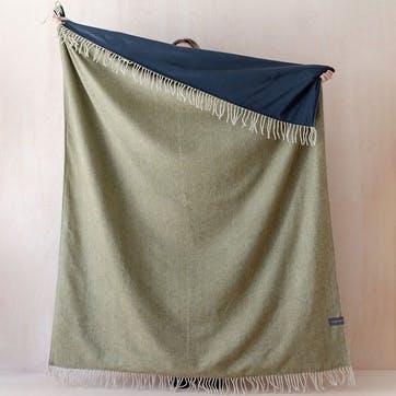 Recycled Wool Picnic Blanket with Brown Leather Carrier 145 x 190cm, Olive Herringbone