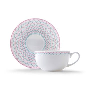 Cappuccino cup and saucer, H7.5 x D11cm, Jo Deakin LTD, Ripple, pink/turquoise
