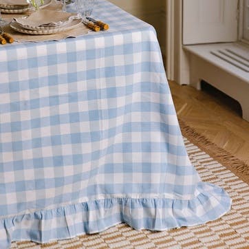 Gingham Tablecloth, 150 x 300cm, Light Blue & White