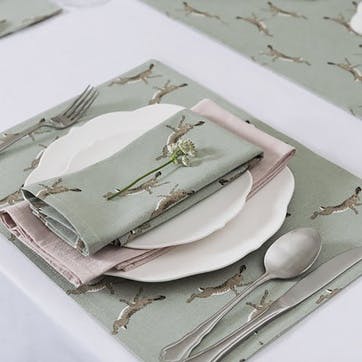 Boxing Hares Fabric Placemat, Duck Egg Grey