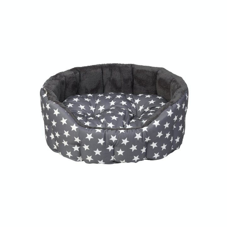Star Print Reversible Oval Plush Pet Bed, M, Grey