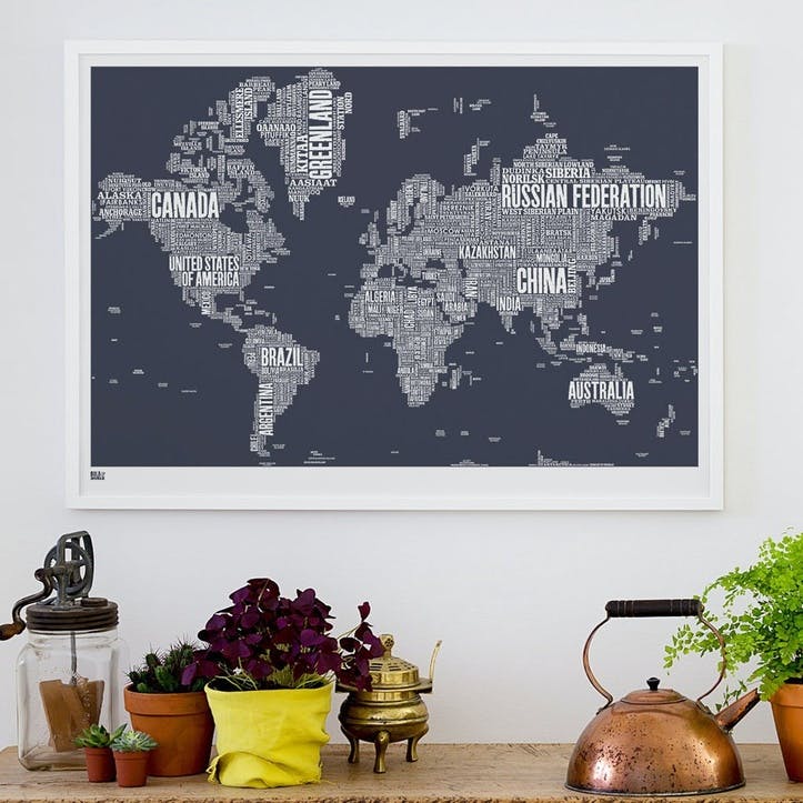 Type Map Screen Print World, 100cm x 70cm, Sheer Slate