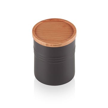 Stoneware Storage Jar with Wooden Lid - Medium; Satin Black