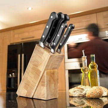 Traditional 5 Piece Kitchen Knife & Endgrain Rubberwood Knife Block Set
