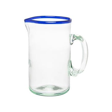 Claro Hand Made Glass Jug/Pitcher 1L, Clear / Blue Rim