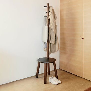 Pillar Coat Rack with Stool H165cm, Black & Walnut