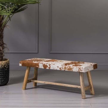 Cow Hide Bench, Tan and White