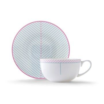 Cappuccino cup and saucer, H7.5 x D11cm, Jo Deakin LTD, Ebb, pink/turquoise