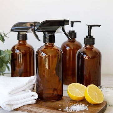 Living Nostalgia Amber Glass Reusable Spray and Pump Bottle Set