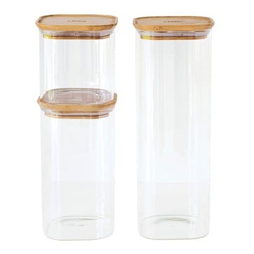 Glass Set of 3 Square Storage Containers, Bamboo