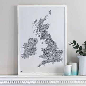 Illustrated Map Screen Print UK & Ireland, 100cm x 70cm, Sheer Slate