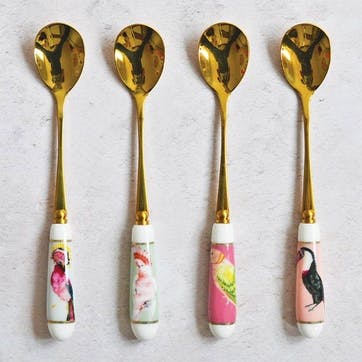 Birds Set of 4 Tea Spoons, Gold/Pink