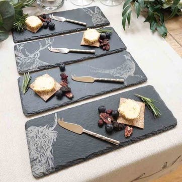 Country Animals Set of 4 Mini Slate Cheese Boards & Knives, Black