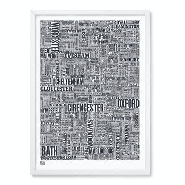 Type Map Screen Print Cotswolds and Beyond, 50cm x 70cm, Sheer Slate