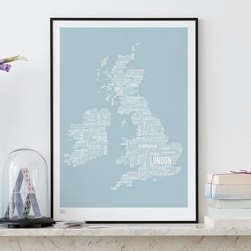 Type Map Screen Print UK and Ireland, 50cm x 70cm, Duck Egg Blue