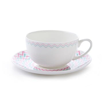 Cappuccino cup and saucer, H7.5 x D11cm, Jo Deakin LTD, Wave, pink/turquoise