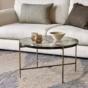 Aluva Glass Coffee Table, Antique Brass