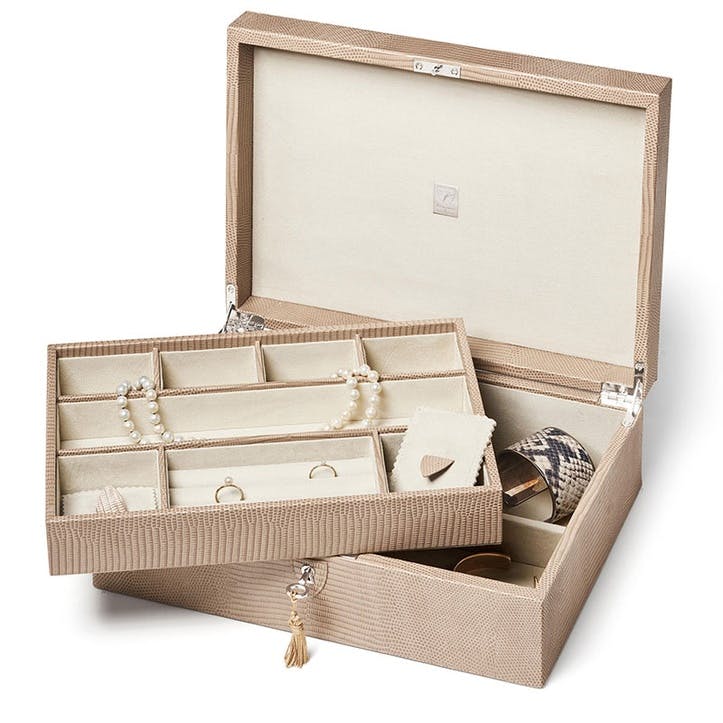 Grand Luxe Jewellery Case L24 x W33cm, Latte Lizard