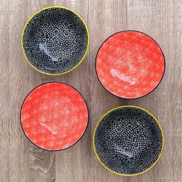 Floral Set of 4 Bowls D15.5cm, Red/Black